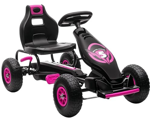 HOMCOM Kart à pédales pour Enfant Go-Kart véhicule à pédale siège réglable 3 Positions Frein à Main pneus antidérapant Enfant de 5 à 12 Ans métal + PP Rose Noir