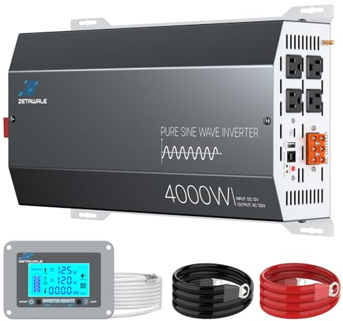 4000W Pure Sine Wave Inverter 12V DC to 110V/120V AC Converter, 8000W Peak, LCD Remote Control, 4 AC Outlets, USB & Type-C – Heavy Duty for RV, Truck, Off-Grid Solar, Home Emergency Power