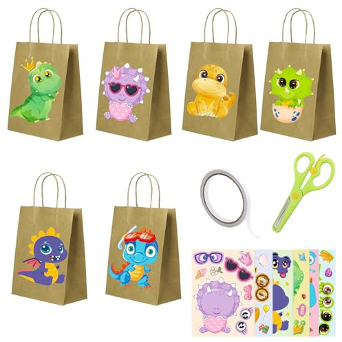 FOSDICK 6 Laternen Bastelset für Kinder, Papierdrachen Dino Laterne Bastelset Laternen zum Selber Basteln, Henkeltüten mit Dinosaurier Transparentpapier Laterne Kinder Dino, für Kindergartenkinder