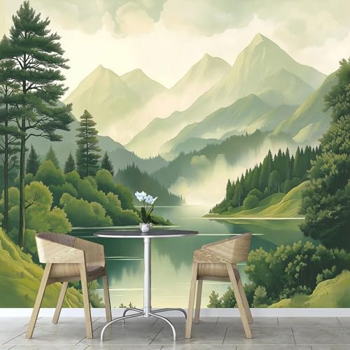 ANALTIRCE Papier Peint Panoramique Aquarelle Montagnes Forêt Nature 300×210 cm, Papier Peint Géant 3D Salon Chambre Salle à Manger Chambre d'Enfant Décoration Murale