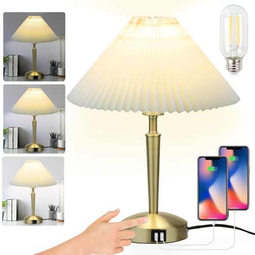 LALISU Tischleuchte Nachttischlampe mit Alabasterglas, Messing matt, Gold | Touchdimmung mit 3 Helligkeitsstufen, 2 USB Schnellladeports (5V/2,1A), Nachttischlampe für Schlafzimmer Wohnzimmer