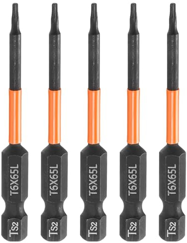 sourcing map Lot de 5 embouts de tournevis à tête Torx T6 de 65 mm de long avec tige hexagonale magnétique inviolable 6 points en forme d'étoile Noir phosphate S2 Outils électriques industriels
