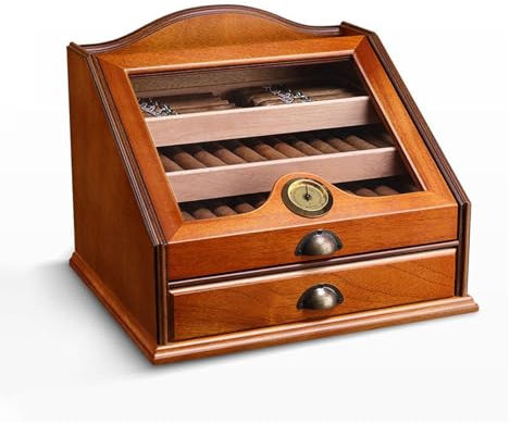 SanzIa Handgefertigte Zigarren Humidore, Zedernholz Glasplatte Desktop Box mit Befeuchter, Hygrometer und Schubladen, 100 Zählungen Kapazität