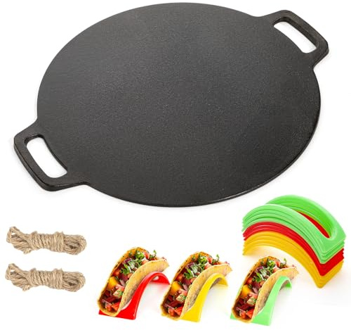 Bekith Padella in ghisa da 30,5 cm con supporto per taco, piastra in ghisa con doppio manico, teglia per pizza, tortillas, crêpe, dosa, da utilizzare in forno, sul fornello, sulla griglia o sopra un