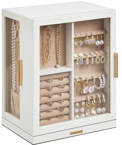 Glimmloop 360° Rotating Jewelry Box with 5 Drawers, Spacious Vertical Jewelry Organizer with Glass Window, Jewelry Storage Case, Dustproof & Moisture-resistant Design, White