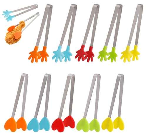JINGIHE Set med 10 stycken minigänger i rostfritt stål – hjärta och handformad silikontång, 5 färger, multifunktionella kökstänger för isbitar, socker, frukt, grillning, fest och barn