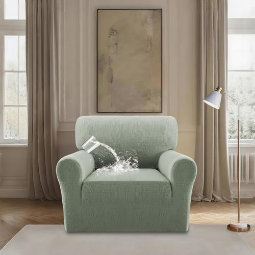 BellaHills Wasserdicht Sofa überzug, Super Elastisch Sofabezug Mit Armlehnen Waschbarer, Sofaschoner rutschfest für Hunde Katzen und Haustiere, Seegras Grün, 1 Sitzer(75-90CM)