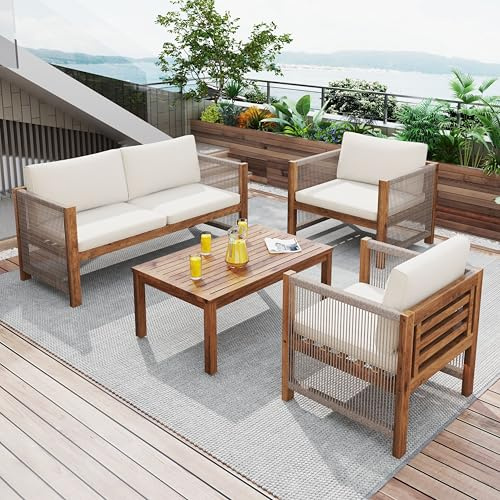 Oslghy Polyrattan GartenmöBel Set, Sitzgruppe Outdoor, Terassenmöbel Außen Set mit Bequemen Kissen, Balkon Möbel für 4, BalkonmöBel, Loungemöbel Balkon mit Doppelsofa, 2 Sessel und Tisch (Beige)