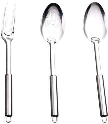 Serving Spoons Large, Stainless Steel Kitchen Utensils Set, 3-Piece Cooking Spoons for Home and Restaurant Use, Slotted Spoon and Solid Spoon for Mixing and Serving, Durable Metal Kitchen Utensils