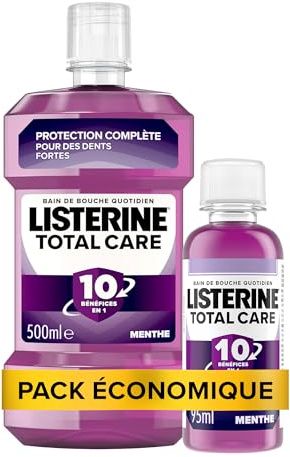Listerine Bain de Bouche Quotidien Total Care (bouteille de 500 ml) + Listerine Bain de Bouche Total Care 10 en 1 (bouteille de 95ML)