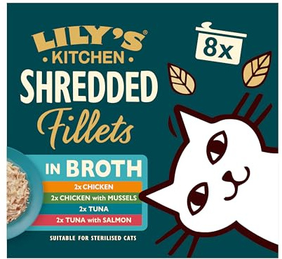 Lily’s Kitchen Shredded Fillets in Broth, Adult Cat Wet Food Multipack 48xTins (70g), Grain-free Recipe, Complete Nutrition, With Natural Ingredients, With Freshly Prepared Meat, or Fish