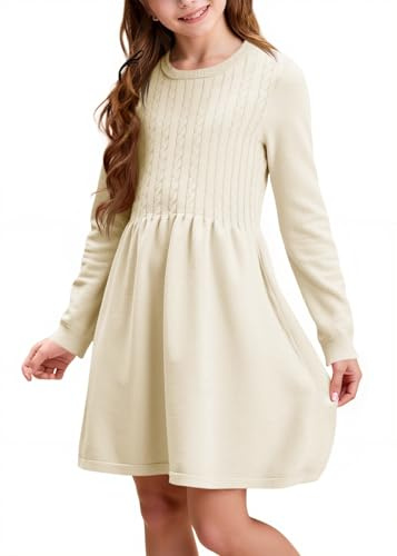 Haloumoning Vestido de jersey de manga larga para niña, vestido de punto con patrón trenzado, línea A, vestido informal para otoño, elegante, vestido de fiesta, vestido de invierno, beige, 4-6 años