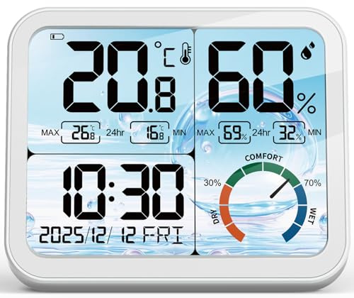 VOCOO Digital inomhustermometer - 5,8 tum, extra stor display, exakt fuktighetsmätare, kalibreringstermometer för miljö, max-min-inspelningar, komfort, bakgrundsljus, datum