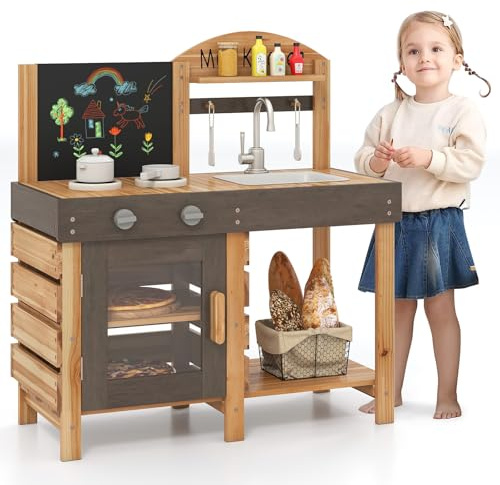 COSTWAY Cocina de Barro Exterior para Niños, Cocina de Juguete de Maderqa con Pizarra, Estufas, Fregadero, Grifo, Horno, Accesorios, Estantes, Cocinita Infantil para Niños de 3+ Años