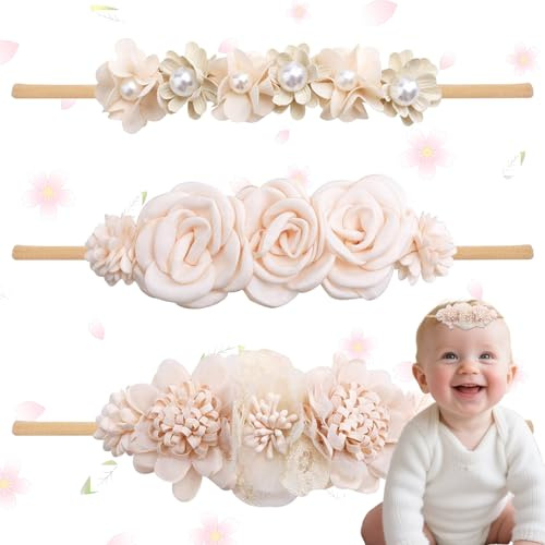 SUpoetry 3 Stück Baby Haarband, Zarte Blumen Nylon Stirnbänder, Stretchy Nylon Baby Stirnband mit Blumen Spitze Perle, Weiche Baby Mädchen Stirnbänder, Haarreif für Kleinkind Party Fotografie