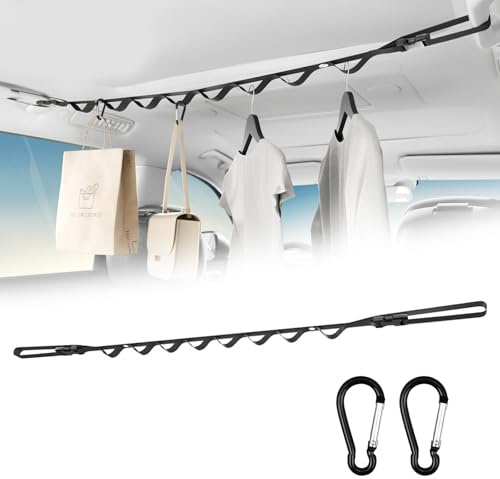 mimzemamz Cuerda Tendedero para Coche, Percha para Ropa de Coche Resistente Longitud Ajustable 83-119CM, Correa para Colgar Perchas, Accesorios en Coches con 2 Mosquetones de Aluminio Soporte