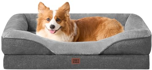 EHEYCIGA Orthopädisches Hundebett mit 4 Rändern, 89x56cm, Grau | Memory Foam, Waschbarer Bezug, Wasserdichte Beschichtung, Rutschfester Boden, Reversibles Design, Dauerhafter Reißverschluss