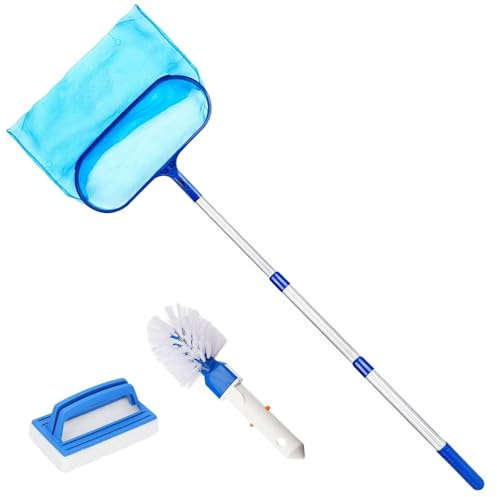 Hot Tub Net for Cleaning Kit Accessories, Swimming Pool Skimmer Net, Swimming Pool Leaf Cleaning Net Fine Mesh Skimmer with Aluminum Pole, Sponge Brush and Cleaning Brush for Pond, Hot Tub Net