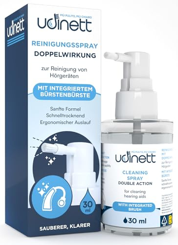 Nettoyant pour Appareils Auditifs Spray Brosse Intégrée Udinett 30ml - Formule Douce Hygiénisante Sans Alcool Élimine le Cérumen et la Saleté - Nettoyage Quotidien Efficace