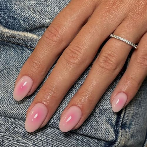LunarCharm 24 piezas uñas postizas rosa degradado rubor, cortas en forma almendrada brillantes, uñas acrílicas adhesivas de cobertura completa para mujer DIY