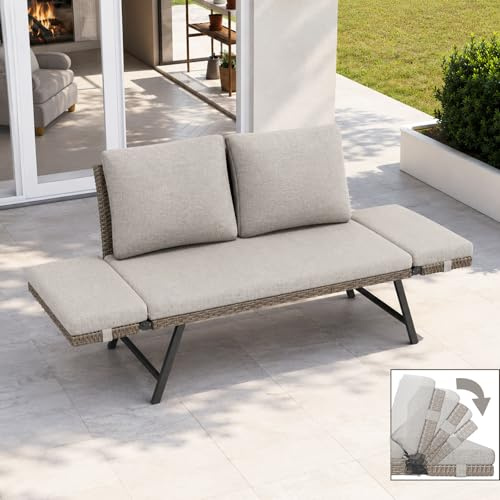 Fiutazge Divano Esterno in Polyrattan con Braccioli Regolabili,Divano Letto Convertibile 2 Posti con Cuscini Morbidi,Panchina da Esterno per Giardino, Balcone, Terrazzo e Portico-Beige