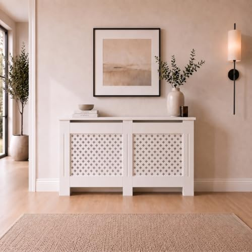 DuraTherm® Radiator Cover White Painted Traditional Cross Slat Shelves MDF Cabinet Shelf for Radiators, Living Rooms, Bedrooms, Large (W: 152cm / H: 81.5cm / D: 19cm)