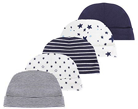 Kiddiezoom Manoplas de algodón para bebés, niños y niñas, paquete de 10 gorros de algodón suave para bebé, guantes para arañazos, Paquete de 5 sombreros de mar azul marino, M