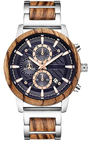 PLUIEX Orologio in Legno Lega & amp; Orologio con Cinturino Combinato in Legno Orologio cronografo Multifunzione da Uomo con Calendario al Quarzo Orologio Unico in Acciaio e Legno Maschile