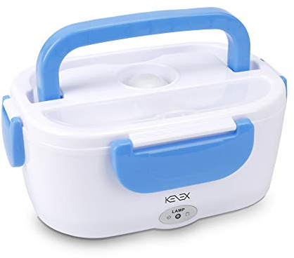 KENEX | Tartera Eléctrica para Coche | KNA|260 | Incluye Cuchara | Calienta Rápido la Comida | Gran Capacidad | Cierre Seguro | Asa de Fácil Agarre | Fiambrera Eléctrica | Color Blanco/Azul