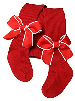 YILEEGOO Baby småbarn flickor tights ribbstickade strumpbyxor med sammetsrosetter Chritsmas alla hjärtans dag leggings byxor spädbarn strumpor, Röd Vit, 1-2 Years