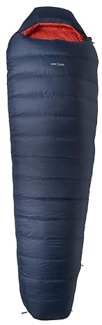 LOWLAND OUTDOOR Unisex-Adult KIBO Daunen Schlafsack, Navy Blue/Orange, 225 x 80 cm