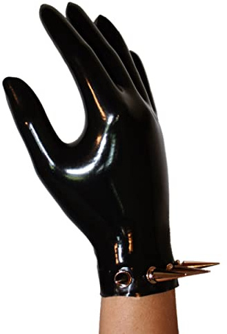 Rubberfashion Latex Handschuhe kurz - Rubber Gloves Spikes - kurze Latexhandschuhe bis Handgelenk für Damen und Herren Schwarz 0.4mm S/Handschuhgröße: 7