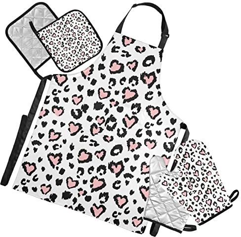Leopard Jaguar Skin with Pink Hearts Black Spots Animal Print 5 Pcs Set Cooking Apron Heat Insulated Oven Mitts with Pot Holder Pad, Kitchen Oven Gloves Protectors Mat for Grilling Baking