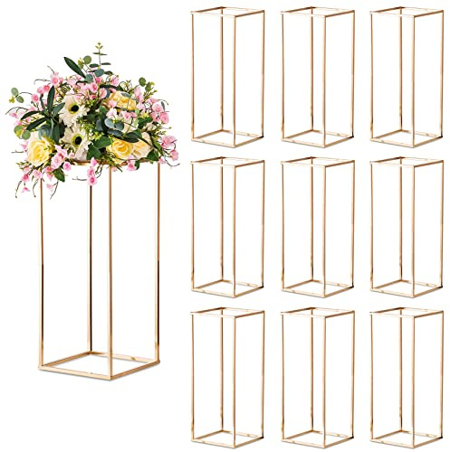Sziqiqi 10 Stück Hochzeit Mittelstücke Goldvasen Hoch Blumenständer Metall Bodenvase Säule Geometrische Mittelstücke Steht Rechteckiges Display Rack für Hochzeiten Partydekoration, 60cm