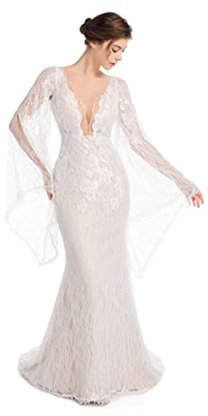 Sorayan Luxury Lace Flare Sleeves Mermaid Wedding Dress Boho Beach Sexy Deep V Open Back Bridal Gowns (18, Champagne Lining)