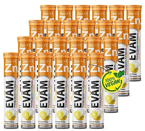 EVÄM Zink plus Vitamin C Brausetabletten I Geschmack Zitrone I 24x 20 Stück I Nahrungsergänzungsmittel zur Unterstützung des Immunsystems I Vegan I Made in Germany