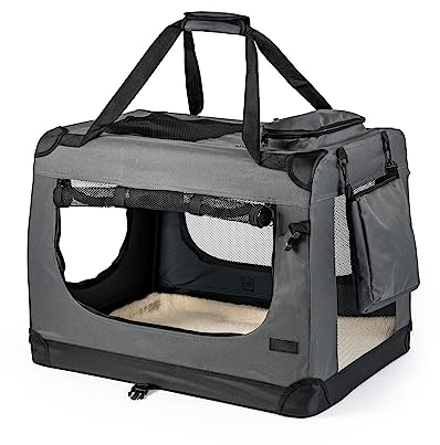 lionto Hundetransportbox faltbar für Reise & Auto, 50x34x36 cm, stabile Transportbox mit Tragegriffen & Decke für Katzen & Hunde bis 10 kg, robuste Hundebox aus Stoff für klein & groß, grau