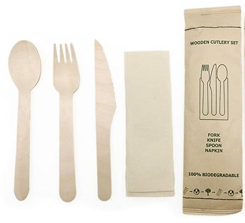 Enviropack 50 Individually Wrapped Wooden Cutlery Sets, Biodegradable Cutlery Sets. Each Set Contain Fork, Knife, Spoon and Napkin Wrapped in Kraft Paper Bags