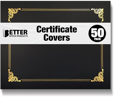 50 Pack Certificate Holders, Diploma Holders, Document Covers with Gold Foil Border, by Better Office Products, for Letter Size Paper, 50 Count (Black)