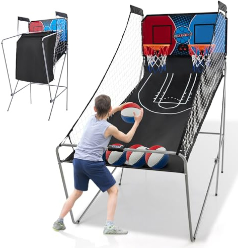 GOPLUS Canasta de Baloncesto Plegable, Máquina de Tiro Portátil, Baloncesto Arcade con 8 Modos de Juego, 4 Pelotas, 2 Cestas, Bomba, Marcador Electrónico, para Niños y Adultos (Rojo+Azul)