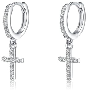 SLUYNZ 925 Sterling Silber Kreuz Creolen Ohrringe für Damen Kleine CZ Creolen Ohrringe Hängend Huggie Ohrringe