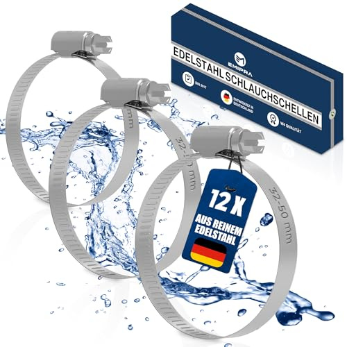 EMIPRA® Schlauchschellen Set [32-50mm, 12 Stk] - optimierte Geometrie für besonders einfache Rotation - Schlauchschellen Edelstahl rostfrei gemäß DIN 3017 W4