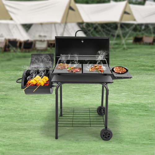 Holzkohlegrill Edelstahl mit Deckel, Grillrost und Rädern, Grill Holzkohle Grillwagen Kohlegrill für Freien, Grillen, Picknicks, Partys, 147 * 70 * 126cm, Schwarz