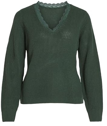 Vila Vilou Rev V-Neck L/S Lace Knit Top-Noos Suéter pulóver, Pineneedle, XL para Mujer