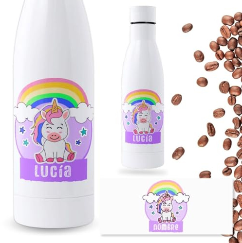 DEREGALOOS Botella Personalizada Animales Infantil | Botella de Agua Acero Inoxidable | Libre de BPA y Reutilizable | Botellas de Agua para Niños Escuela Colegio (UNICORNIO, 700 ML)