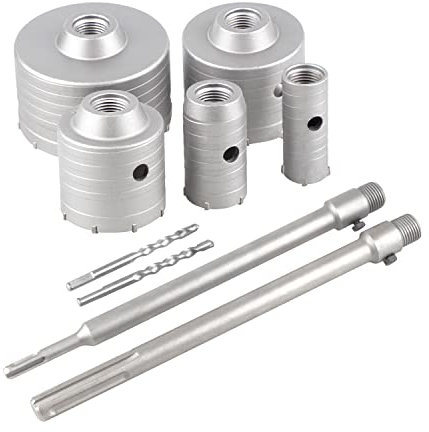 EXLECO 9 Brocas Hormigón Set Coronas para Metal Sierra Corona Hormigon, 5 Broca Sierra 30/40/65/80/100 mm con 300mm Mango Redondo SDS Plus & SDS Max 2 Taladro Centrado, Brocas para Metal Taladro Hueco