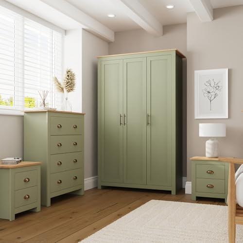 GFW 4 Piece Bedroom Furniture Set with 3 Door Wardrobe, 4 Drawer Chest & 2 Bedside Tables, Shaker Style Bedroom Storage Set with Oak Effect Tops