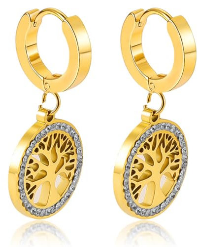 Boucles d'oreilles Femme en or, Arbre de vie Boucles d'oreilles, Arbre de vie Boucle d'oreille, Bijoux Femme Vintage Cadeau de Fête des Mères d'anniversaire Noël Saint Valentin