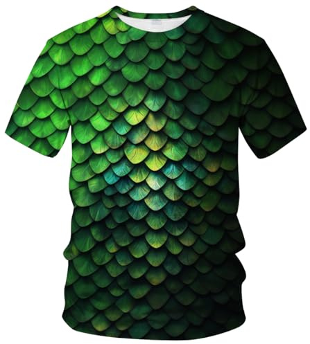 Rebaike Men's Fish Scale T-Shirt - Dragon Scale Gradient Design, Wave Striped Artistic Print,Dark Green,XL