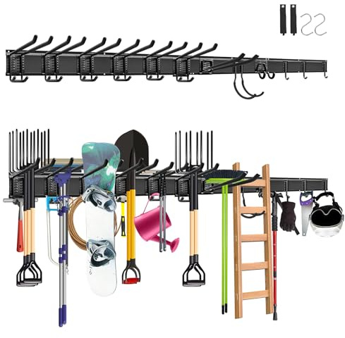 Mimoke Supporto da parete per garage e giardino, 4 binari, 12 ganci versatili, lunghezza totale 162 cm, robusto e ideale per attrezzi da giardino (4 pannelli con 12 ganci)